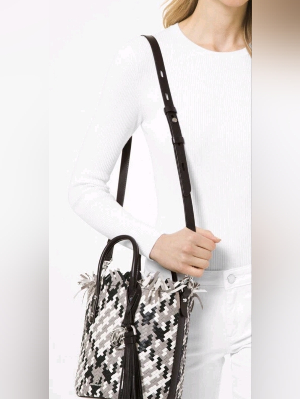 Michael Kors Black and Cream Woven Bucket Tote with Tassel and MK Charm - Picture 3 of 6